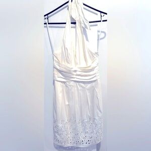 BCBGMaxazria cotton halter dress white US0 rare mini cutout vacation wedding